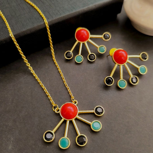 Utsav Grandeur : Red Black and Teal Pendant and Earring Set