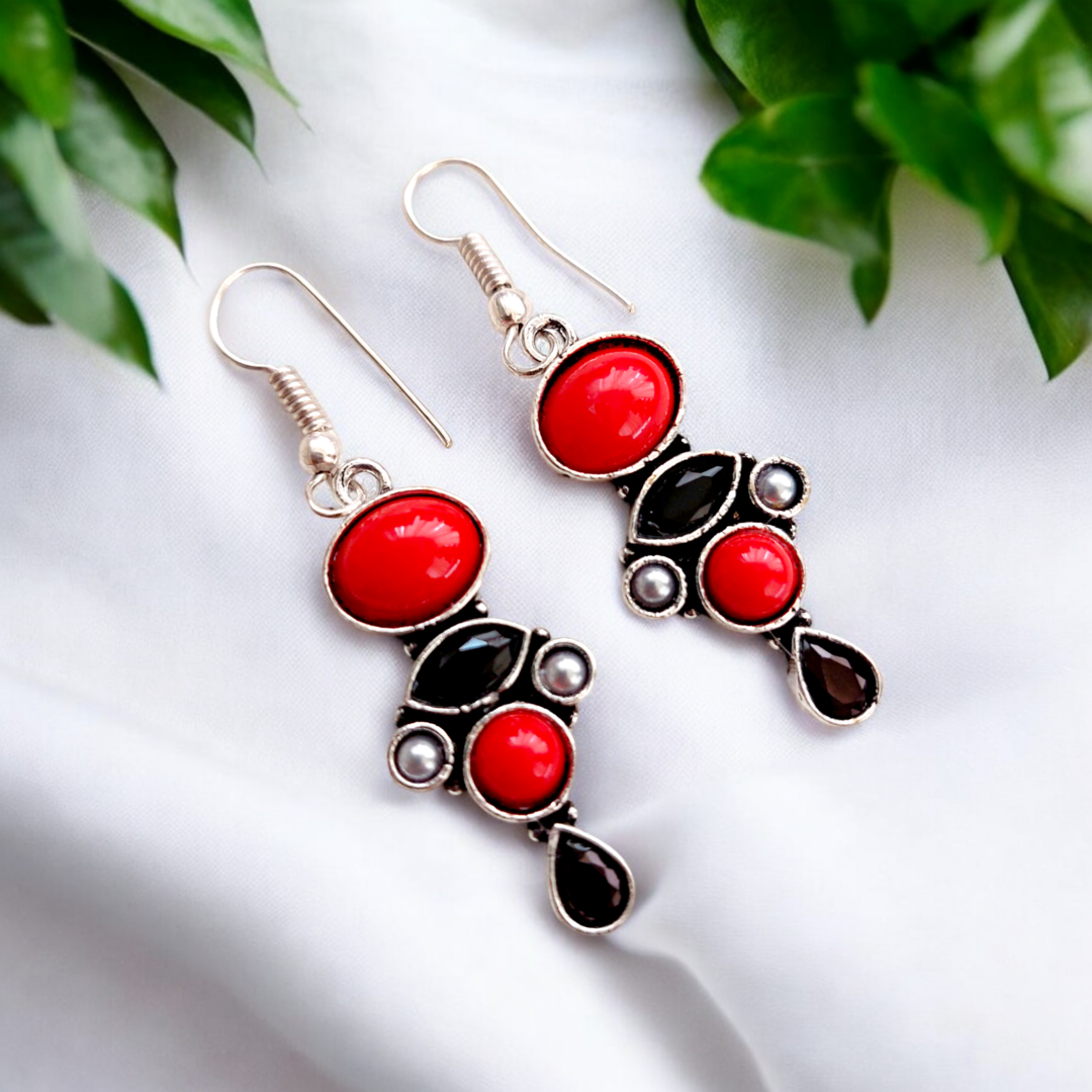 Dual Stone Daily Wear Earrings : Red and Black Combination