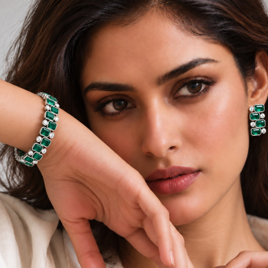 Signature Grid Set: Green and White Sone Bracelet and Earring Set