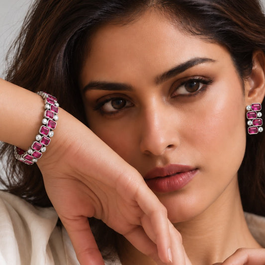 Signature Grid Set: Majenta and White Stone Bracelet and Earring Set