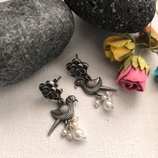 Aviary Pearls: Silver Toned Bird Earrings