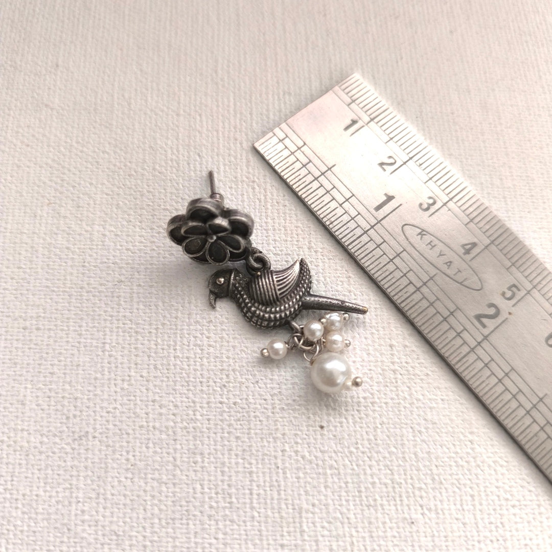 Aviary Pearls: Silver Toned Bird Earrings