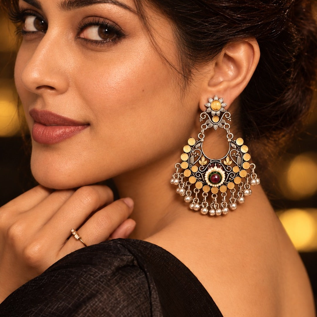 Abeer: Festive Silver Toned Chandbali Earring