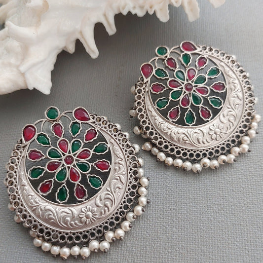 Chandbali Earrings : Pink and Green Stone Earrings