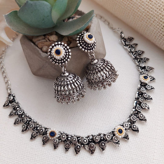 Midnight Floral Delight Silver Tone Necklace with Earring