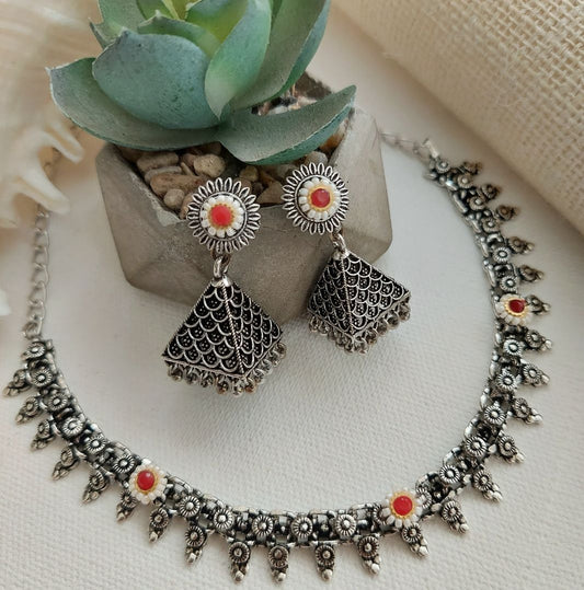 Red Floral Delight Silver Tone  Necklace and Earrings