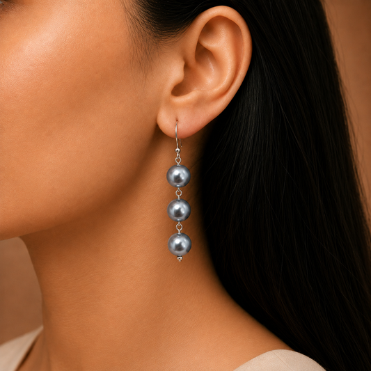 Smoky Grey: Handmade Triple Pearl Drop Earring