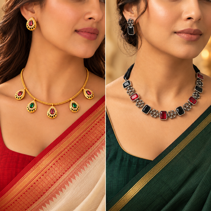 Royal Contrast: Festive Gold and Silver Toned Necklace and Earring Combos