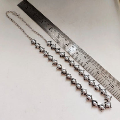 Noor: Statement Silver Toned Pearl Necklace and Earring Set