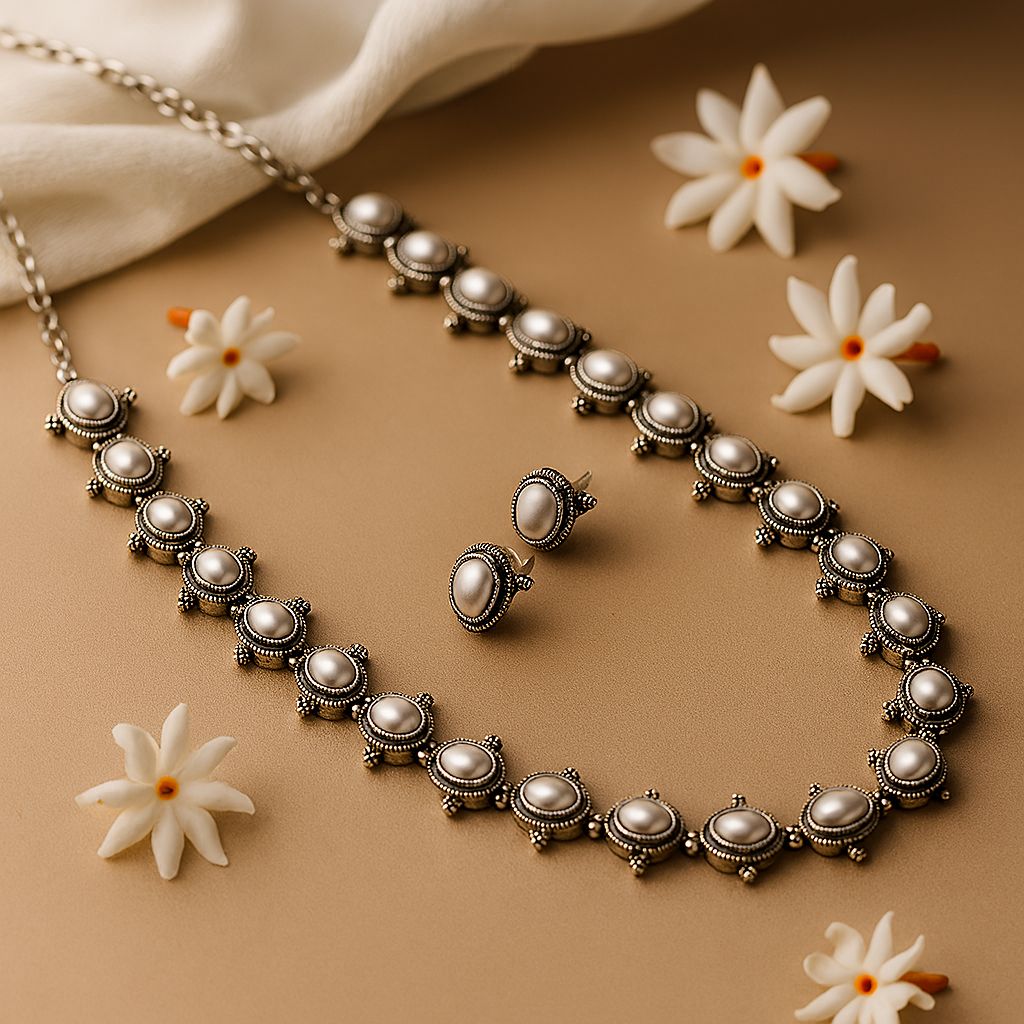 Noor: Statement Silver Toned Pearl Necklace and Earring Set