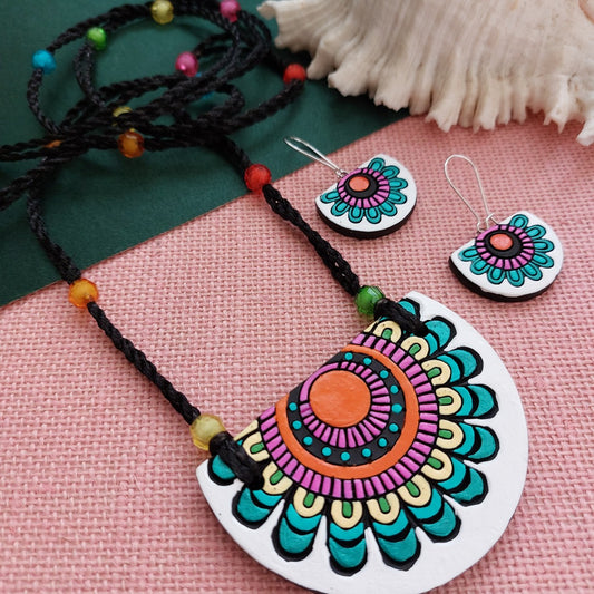 Whimsical White: Hand-Painted Terracotta Necklace and Earring Set