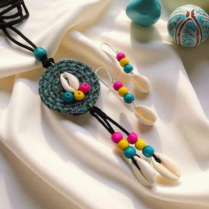 Boho Tides: Handcrafted Fabric Pendant and Earring Set
