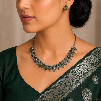 Tinge Tales: Olive Green Stone Ethnic Necklace and Earring Set