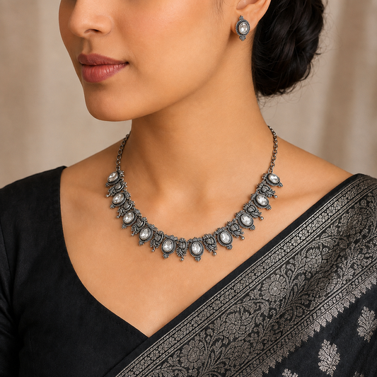 Tinge Tales: Clear White Stone Ethnic Necklace and Earring Set