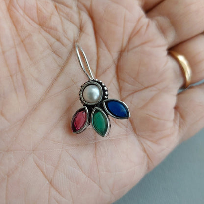 Opulent Aura: Oxidized Hooped Earrings with Pearl Drop and Tri-Colored Stones