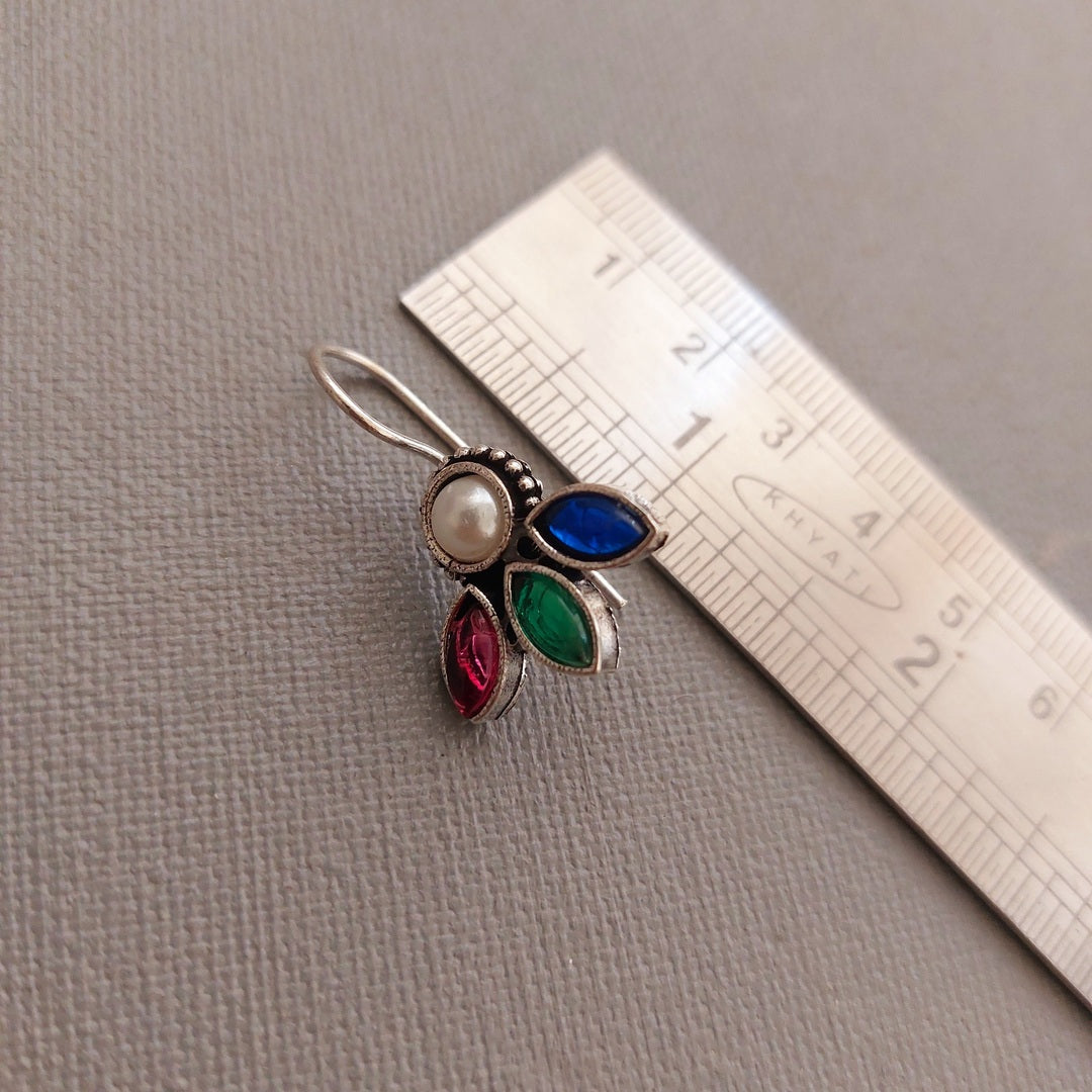 Opulent Aura: Oxidized Hooped Earrings with Pearl Drop and Tri-Colored Stones
