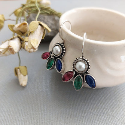 Opulent Aura: Oxidized Hooped Earrings with Pearl Drop and Tri-Colored Stones