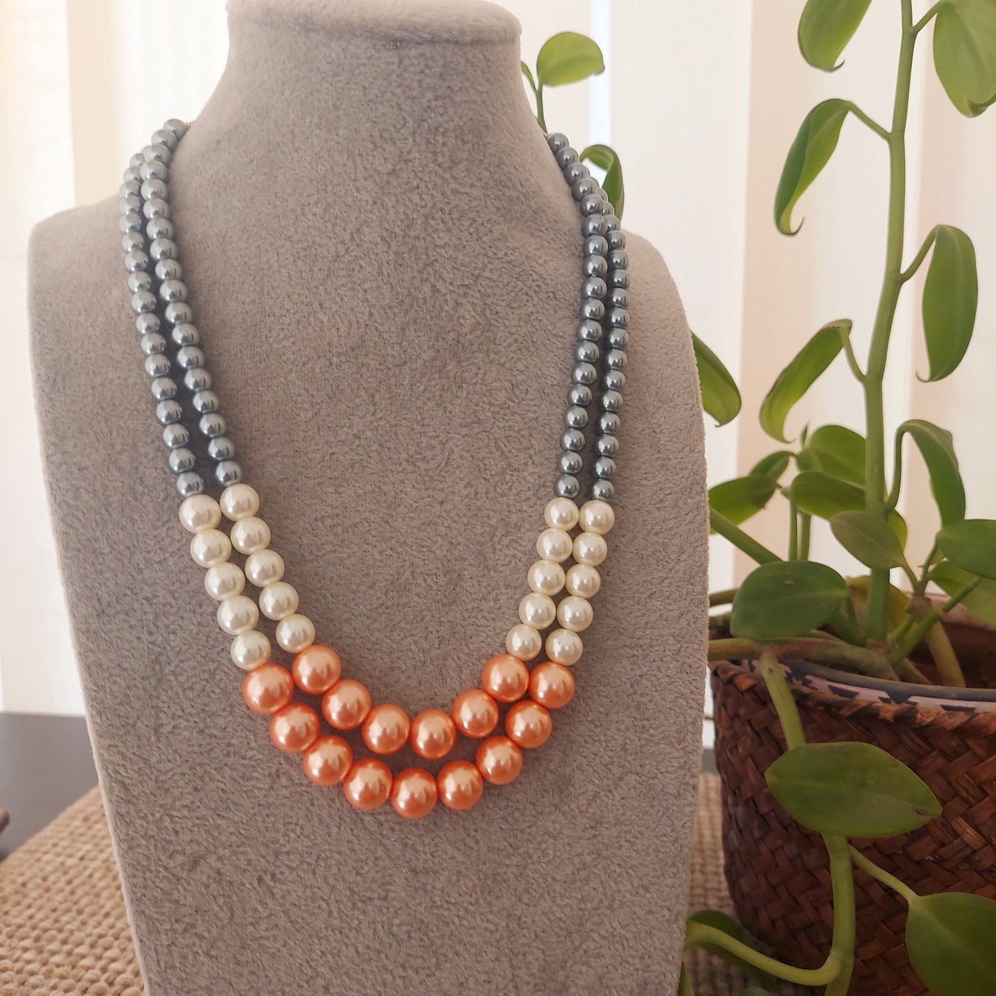 Tricolor Cascade: Double Layered Pearl Necklace Set