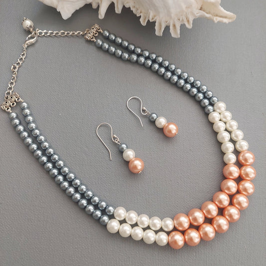 Tricolor Cascade: Double Layered Pearl Necklace Set