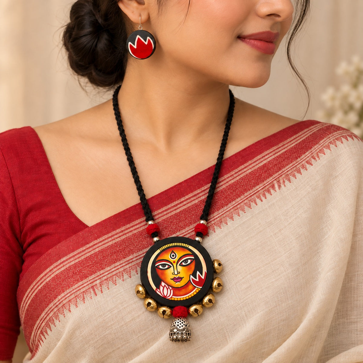 Trinetra: Handcrafted Divine Durga Pendant Teracotta Necklace and Earring Set