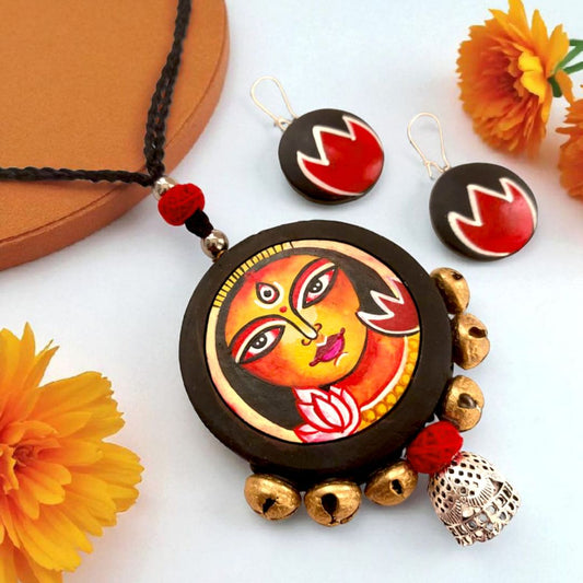 Trinetra: Handcrafted Divine Durga Pendant Teracotta Necklace and Earring Set