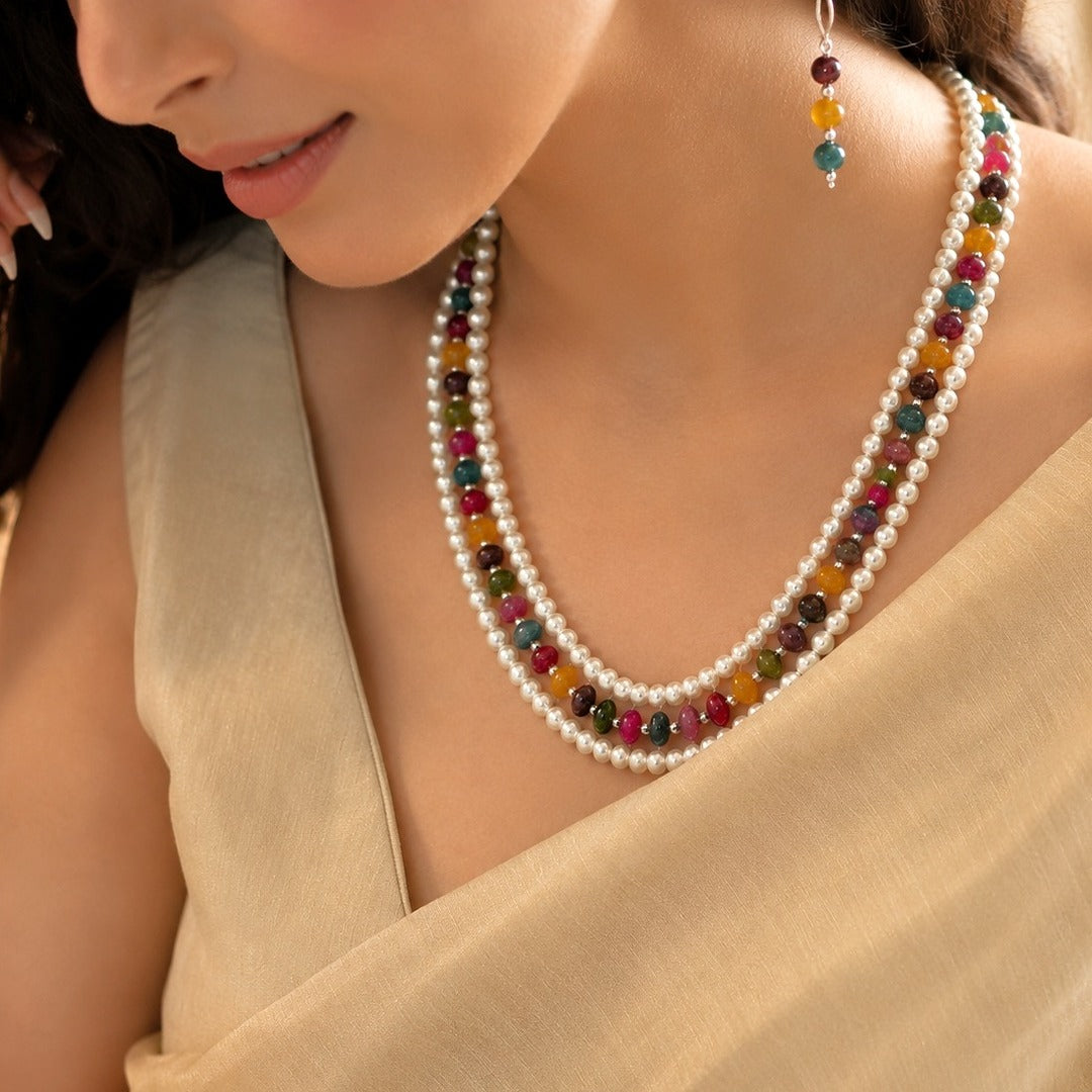 Aabhira: Triple Layer Multicolored Bead-Pearl Necklace and Earring Set