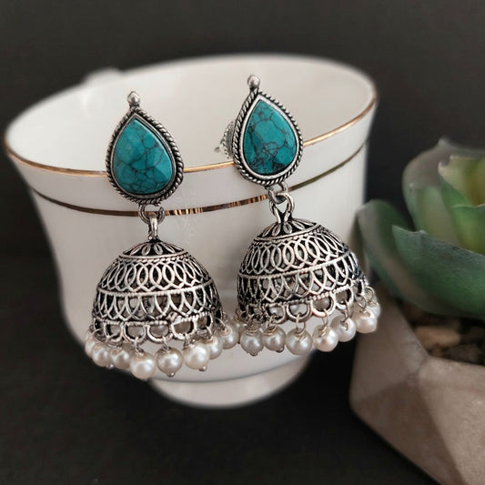 Shimmering Turquoise Silver Tone Jhumka