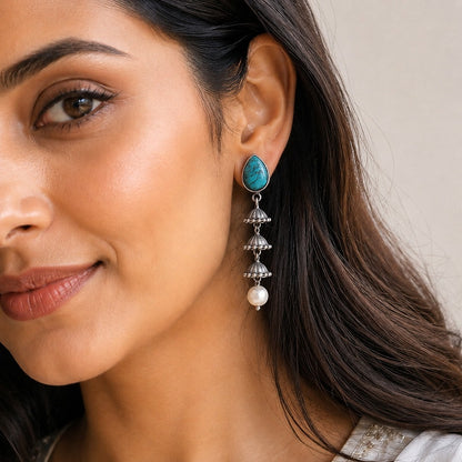 Mrinalini: Turquoise Stone Pearl Drop Earrings