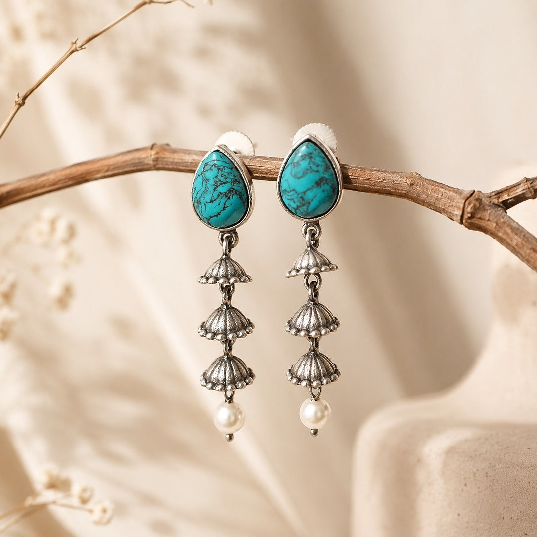 Mrinalini: Turquoise Stone Pearl Drop Earrings