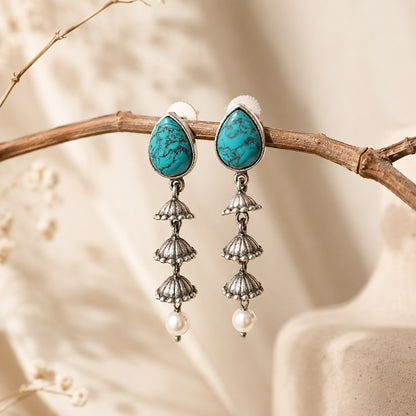 Mrinalini: Turquoise Stone Pearl Drop Earrings