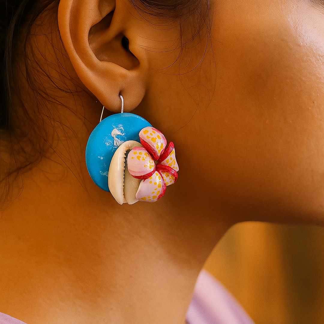 The Oceanic Bloom: Clay Earring with Pink Flower