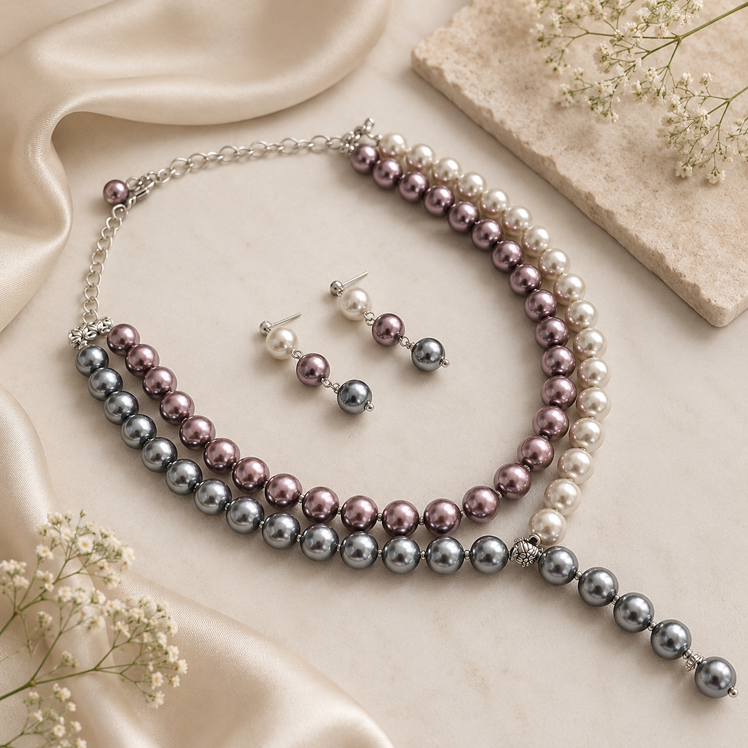 Twilight Symphony: Pearl Cascade Necklace and Earring Set