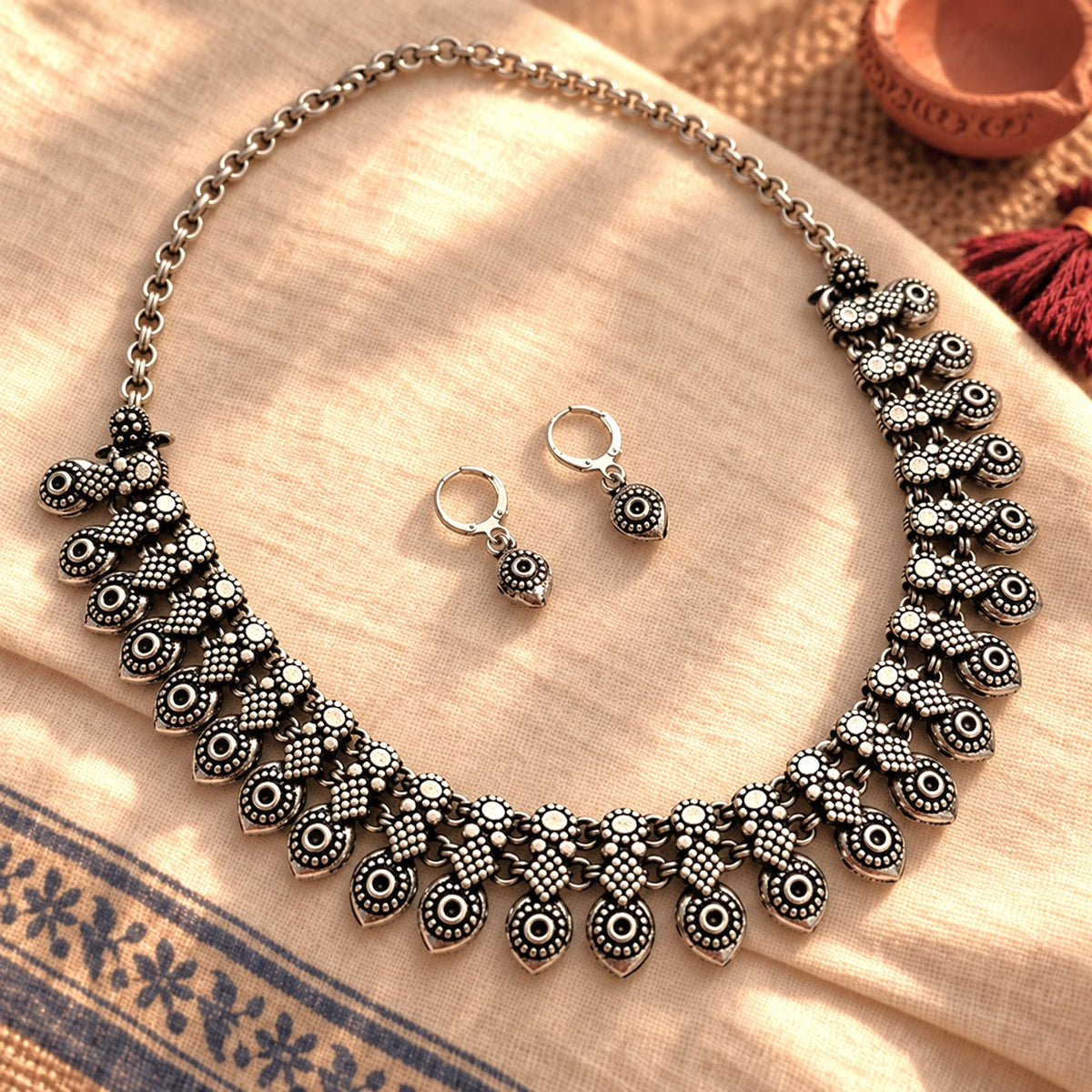 Utsav Alankar: Antique Silver Toned Necklace and Earring Set