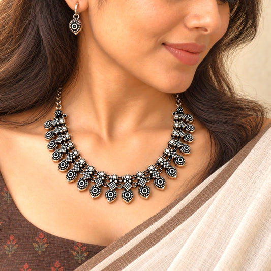 Utsav Alankar: Antique Silver Toned Necklace and Earring Set