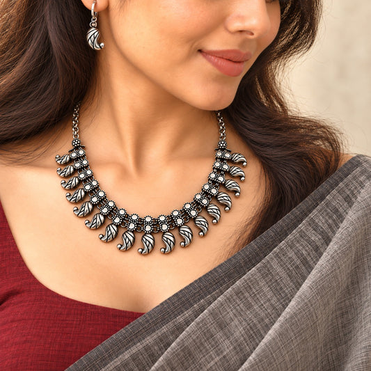 Utsav Manjiri: Antique Silver Toned Necklace and Earring Set
