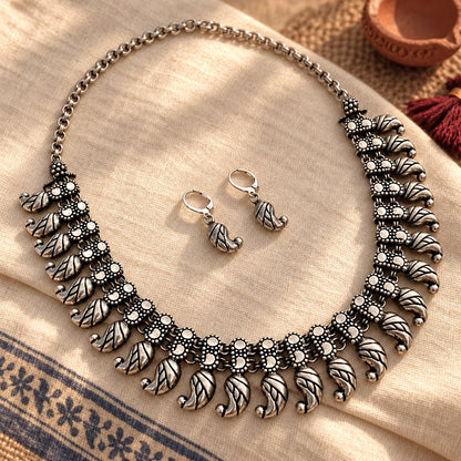 Utsav Manjiri: Antique Silver Toned Necklace and Earring Set
