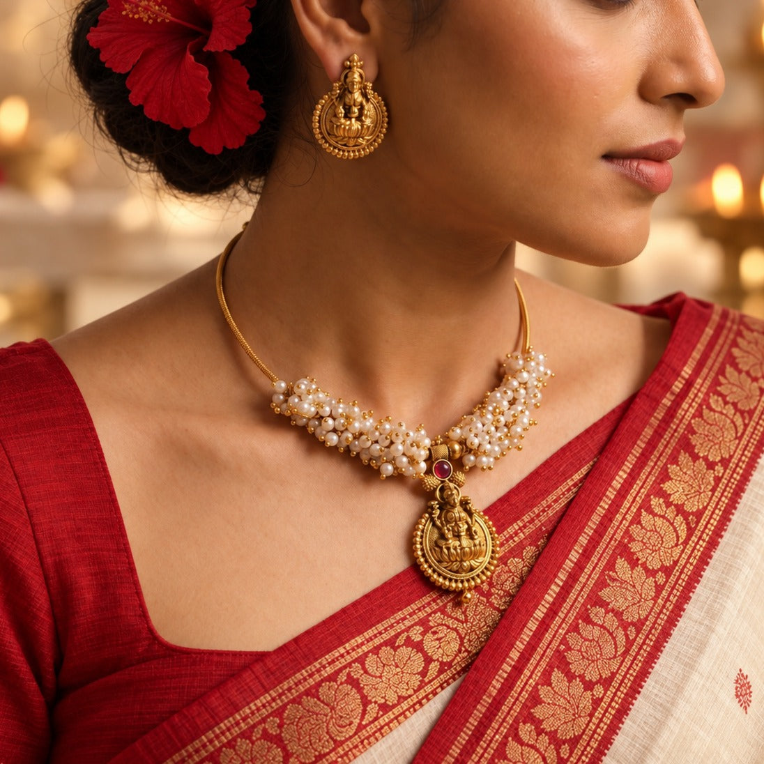 Vaibhavi: Cluster Pearls Antique Finish Necklace and Earring Set