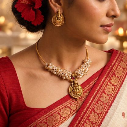 Vaibhavi: Cluster Pearls Antique Finish Necklace and Earring Set