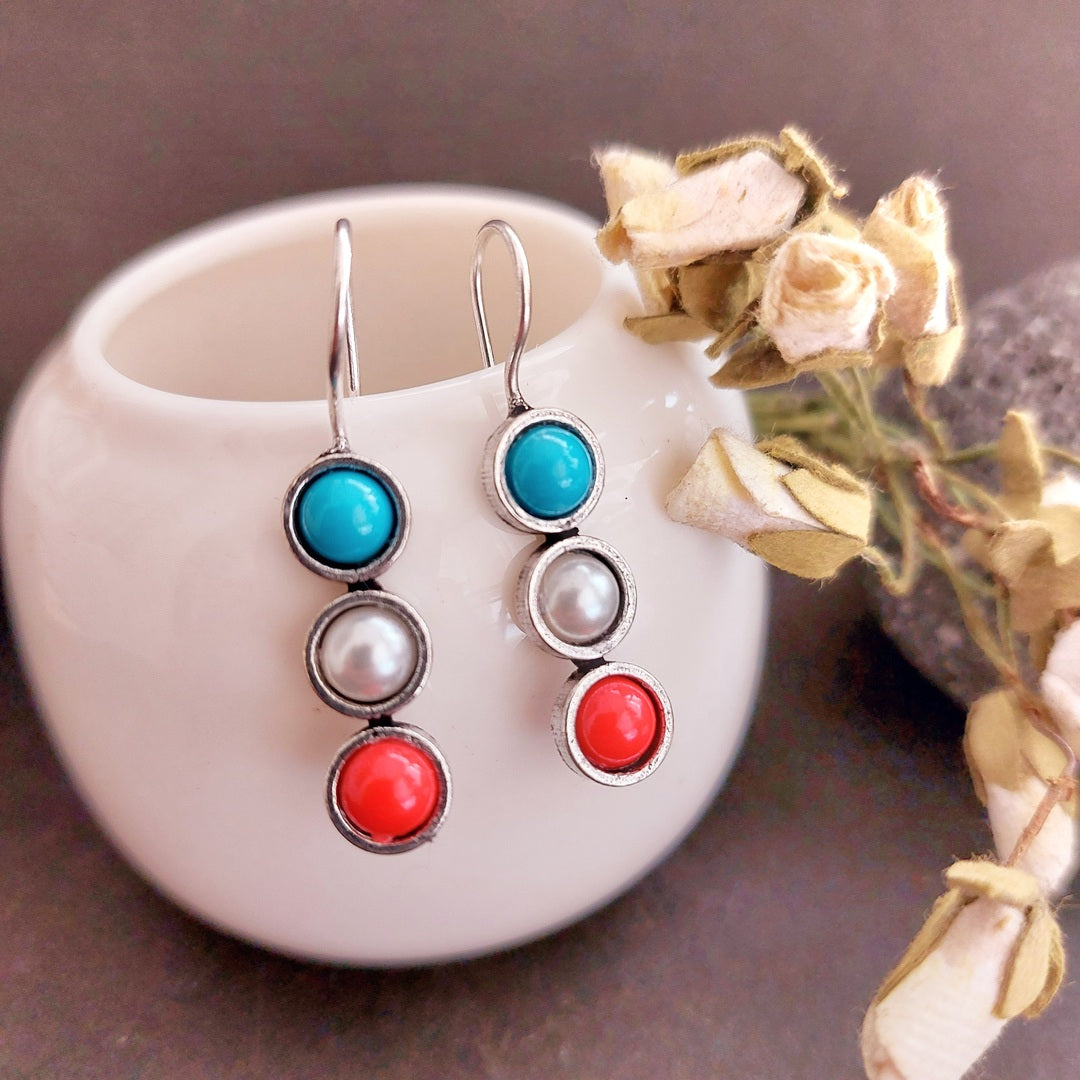 Harmony Hoops: Turquoise, Pearl, and Coral Beaded Earrings