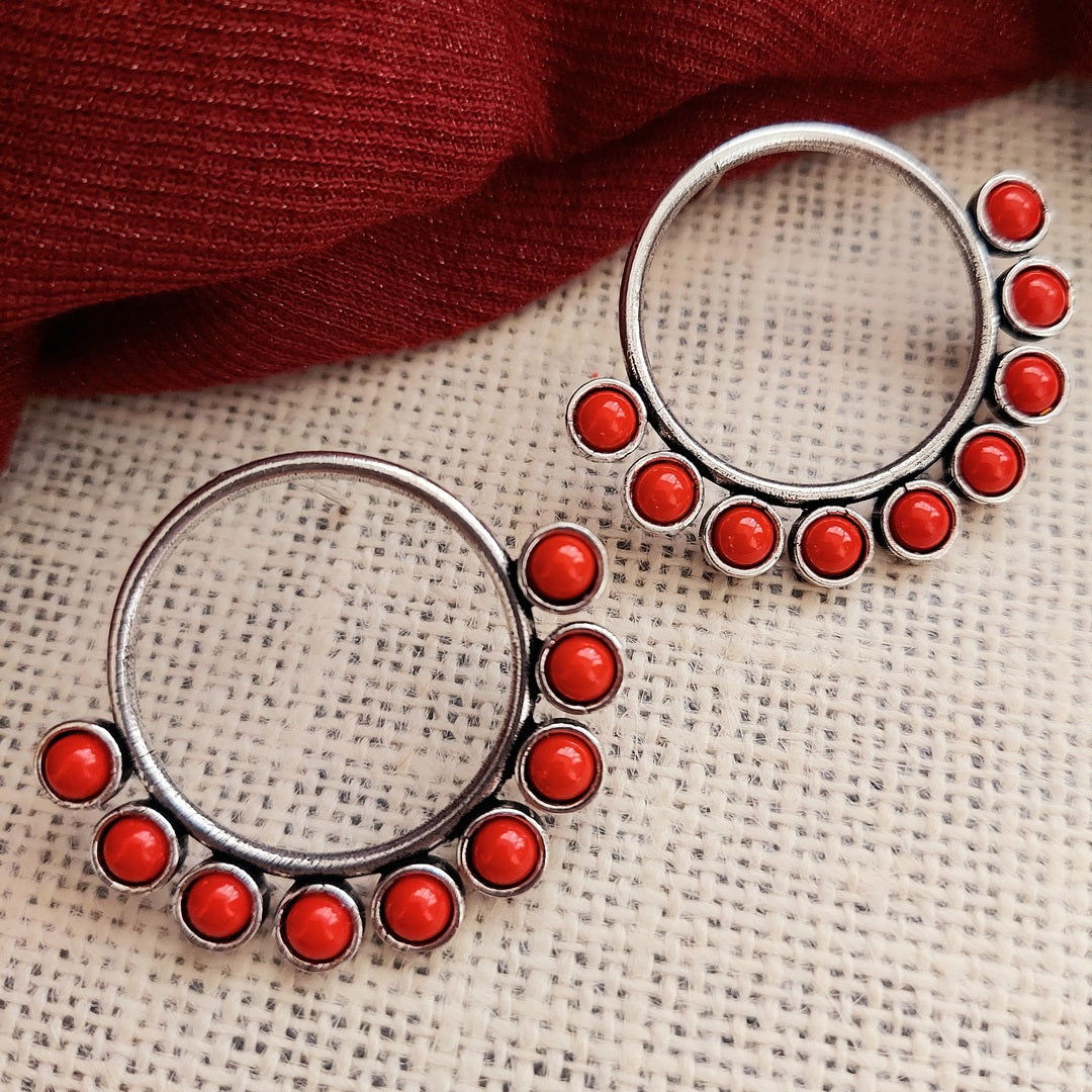 Crimson Passion: Dyed Coral Stone Accent Silver Tone Ear Ring Studs