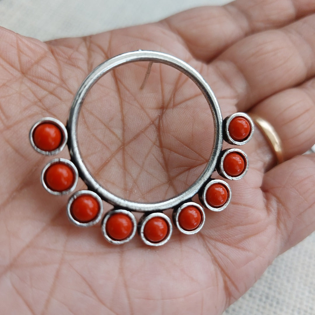 Crimson Passion: Dyed Coral Stone Accent Silver Tone Ear Ring Studs