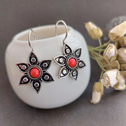 Floral Coral Delight: Oxidized Floral Hooped Earrings