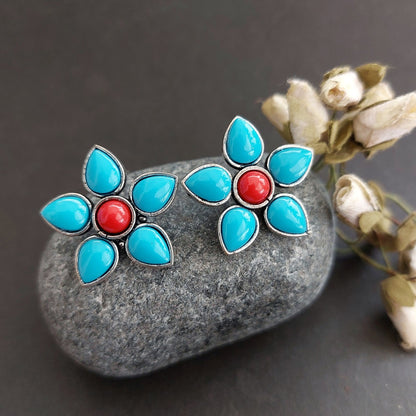 Turquoise Bloom: Blue Floral with Red Coral Center Stud