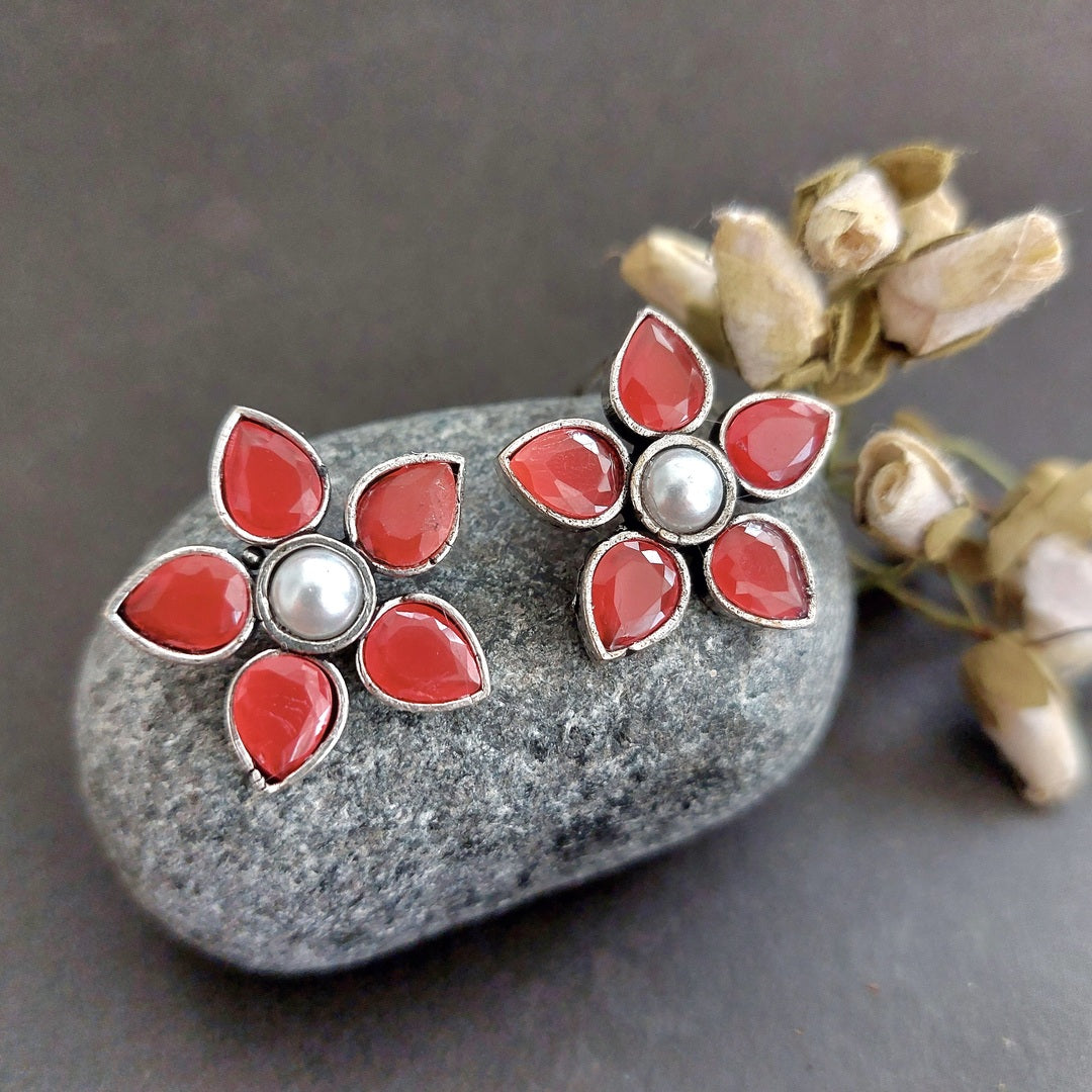 Valentine Blossom: Red Stone Flower Stud with Shell Pearl Center