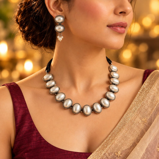 Victorian Grace: Silver Toned Oval Pearls Necklace and Earring Set