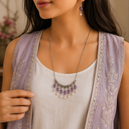 Violet Stone Arc Design Pendant Necklace Set