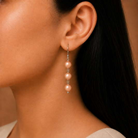 Warm Peach: Handmade Triple Pearl Drop Earrings