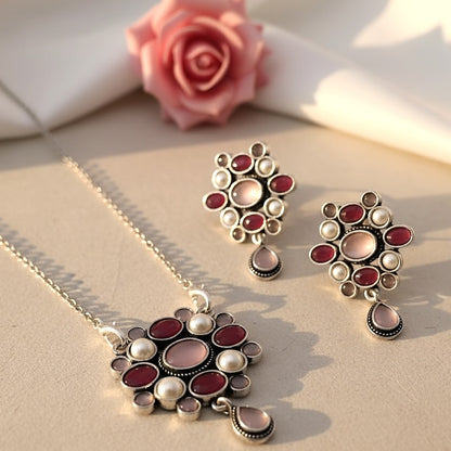 Zehra :  Pink and Red Stone Studded Pendant and Earring Set