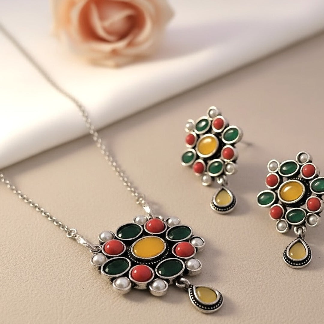 Zehra :  Multicolored Stone Studded Pendant and Earring Set