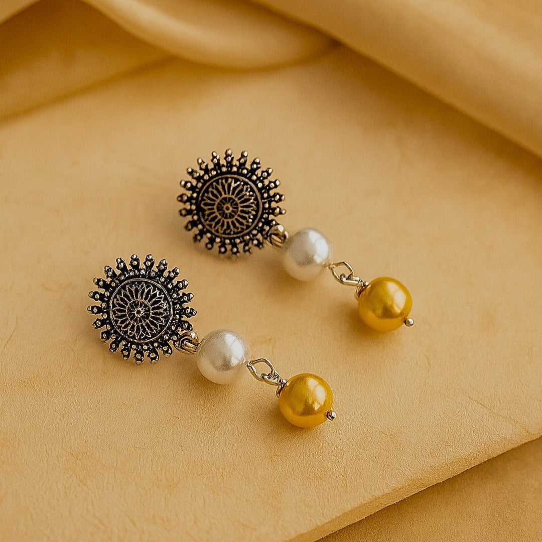 Fusion Drops: White and Golden Pearl Drop Earrings